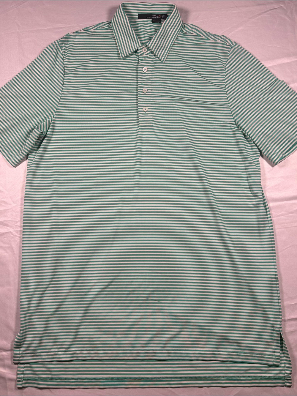 EUC RLX Ralph Lauren Men's Mint and White Stripe Polo - L